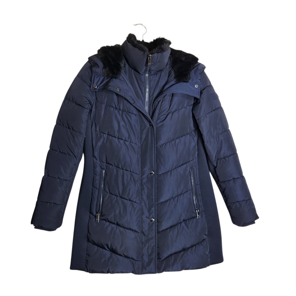 Andrew Marc Womens Navy Blue Faux Fur Hooded Puffer Jacket Coat Size S